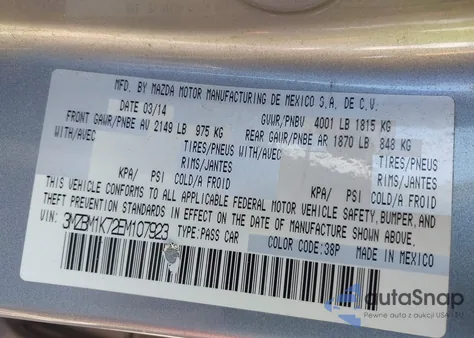 2014 Mazda Mazda3 I Sport z USA, uszkodzony, nr VIN 3MZBM1K72EM107923